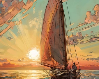 Sailing boat with Sunset Watercolor Pencil and Ink Digital Wall Art