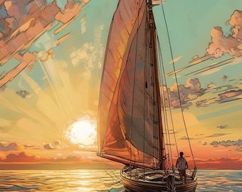 Sunset Sailing Boat Watercolor Ink Digital Wall Art, Trendy Printable Decor