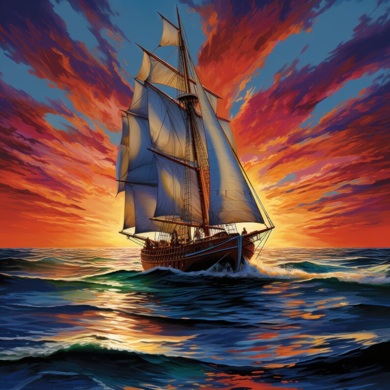 Sailing boat with Sunset Watercolor Pencil and Ink Digital image 1