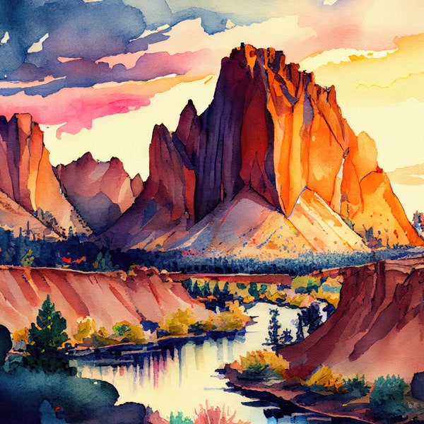 Smith rock in Oregon watercolor painting Digital Wall Art