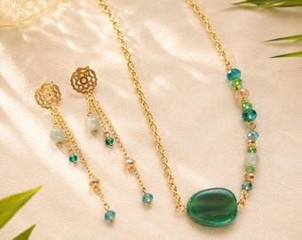 Green Statement Necklace and Earrings Set, Gold Beaded Jewelry, Handmade Feminine Design