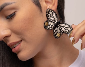 Butterfly Bead Earrings, Large Butterfly Earrings, Contemporary Beaded Earrings , Boho Chic Monarch Butterfly Earrings, Gift for her