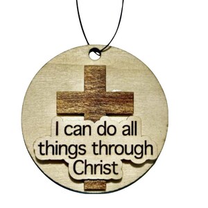 Engraved Wood Cross Car Ornament: Christian Bible Verse Charm