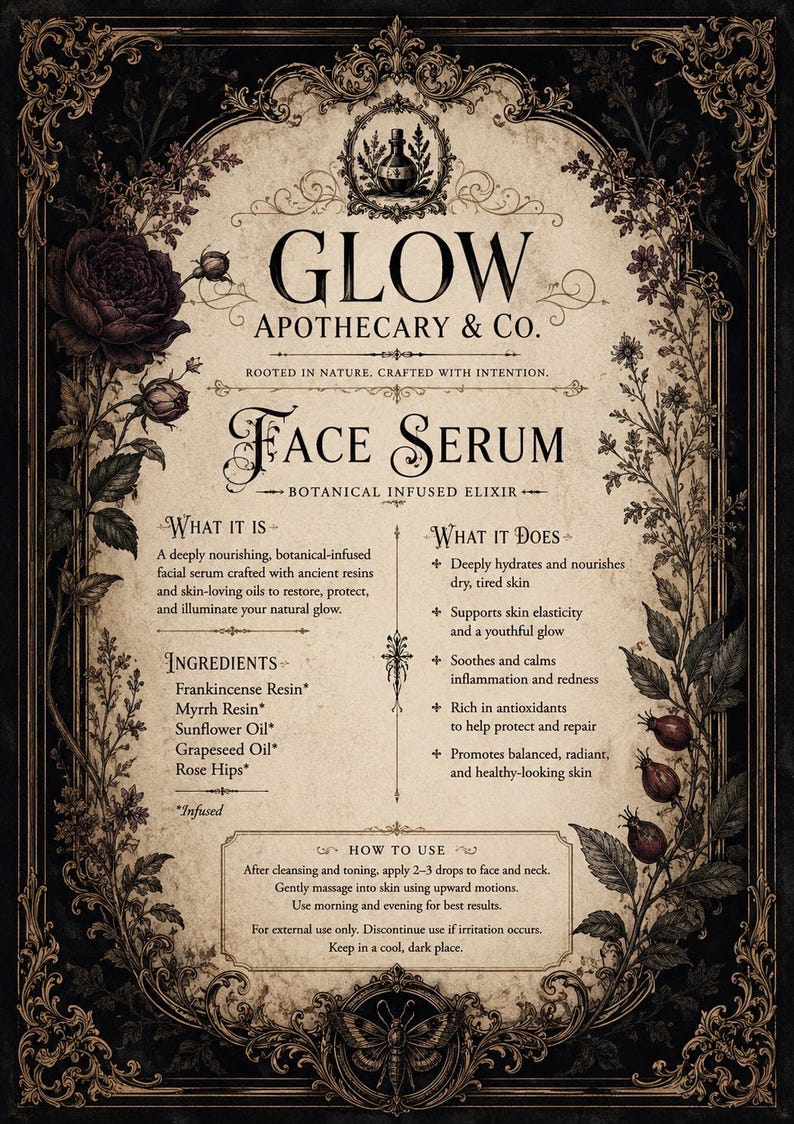 May include: An apothecary-style poster for "Glow Face Serum." The design features ornate floral borders, a dark color palette, and detailed text describing the product's ingredients and benefits. The poster includes the text "Botanical Infused Elixir."
