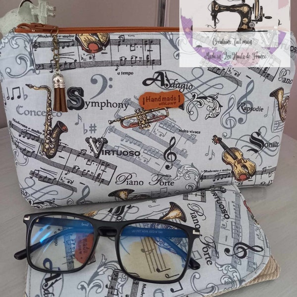 Trousse  Lili en musique - étui lunettes coordonné - création fait main - trousse homme -GF & PF- trousse toilette - trousse matelassée -R55