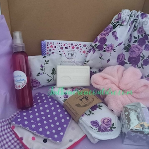 coffret beauté liberty mauve - soin beauté - lingettes - coeur lavande - création artisanale - cadeau maitresse - cadeau anniversaire