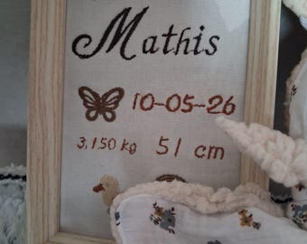 Personalized embroidered frame 12x18, embroidered birth frame - embroidered birth tambourine - baby shower - decorative tambourine - birth gift
