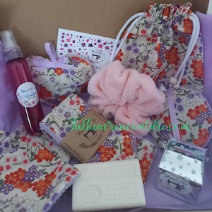 Coffret beauté cerisier - lingettes démaquillantes - soins visage - coeur lavande - pochon -  création artisanale - cadeau maitresse