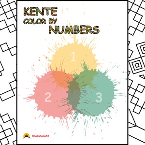 May include: A Kente color by numbers coloring page with three overlapping circles. The circles are labeled with the numbers 1, 2, and 3. The circles are yellow, pink, and green. The text "Kente Color by Numbers" is at the top of the page.