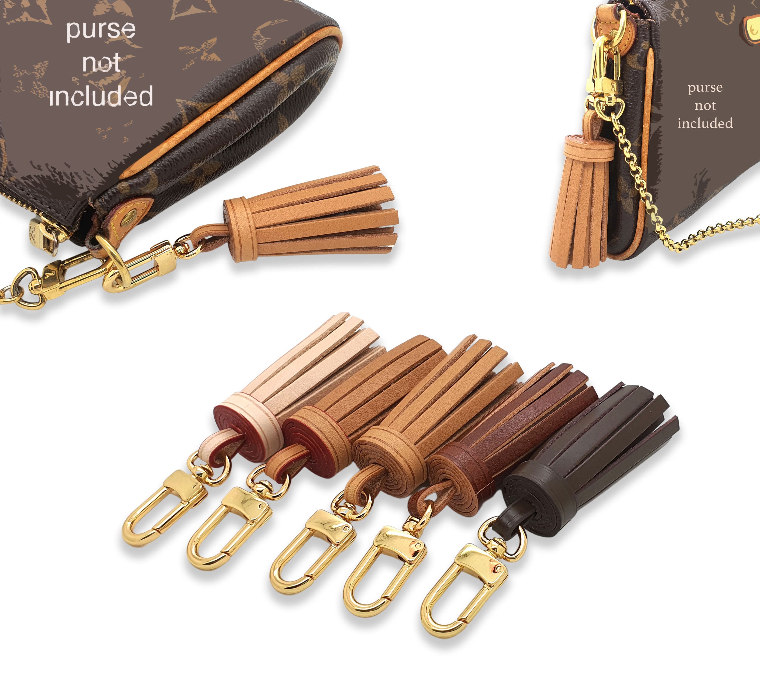 DressupyourpurseShop Dressupyourpurse Vachetta and Cowhide Leather Mini Tassel Bag Charm - Keyring - Key Chain - Fit Pochette Accessoires Mini Pochette Favorite