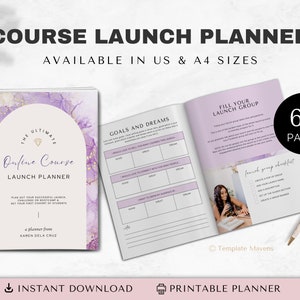 May include: A purple and gold planner with the text "The Ultimate Online Course Launch Planner" on the cover. The planner has 63 pages and is available in US and A4 sizes.