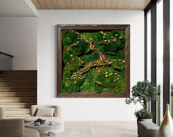 Wildflower Moss Art: Preserved Flowers, Twisted Wood, Framed Green Wall Decor