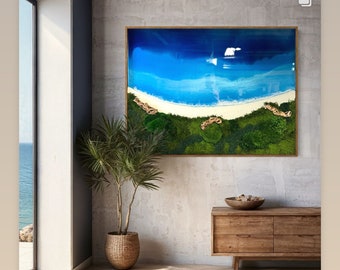 The Abandoned Beach, Epoxy Resin Beach Art, Walnut Frame, Preserved Moss & Grapewood