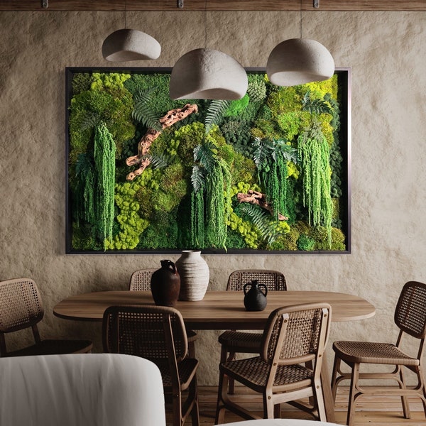 The Forgotten Forest by Moss Art Installations—Handcrafted Preserved Moss Wall Art with Twisted Grapewood, Amaranths, Wall Hanging