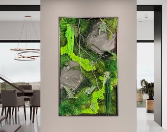 Large Preserved Moss Wall Art: Faux Rock & Vine, Nature Inspired Decor (36"x60")