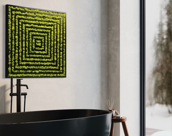 Concentric Square Moss Wall Art: Mid-Century Modern Walnut Frame