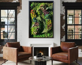 Floral Moss Wall Art Brushstrokes: Preserved Moss, Backlit Wood Frame