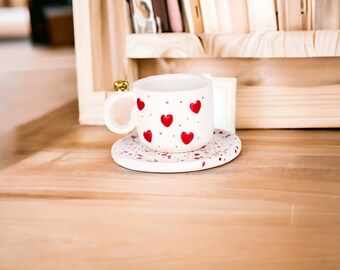 Handmade Ceramic Cup and Saucer with Gold Gilded Heart - Luxurious 22k Gold Detailing - Unique Artisan Gift Set - Large Capacity 140 ml