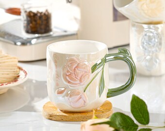 Rose Embossed Mug - Floral 3D Design Ceramic Cup - Elegant Textured Drinkware - Romantic Coffee and Tea Mug