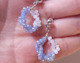 Spiral Blue White Beaded Earrings Silver, Classic Vintage Small Hoop, Intricate Twisted Crystal Hoop, Gift for Her, Gift for Mom