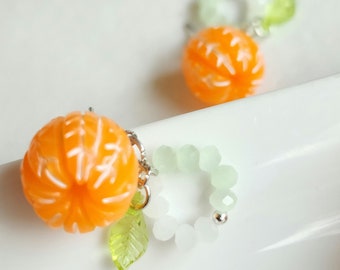 Orange Earrings Mini, Mandarin Stud, Peeled Tangerine Earrings, Beaded Jewelry, Miniature Leaves Earrings