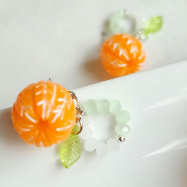 Orange Earrings Mini, Mandarin Stud, Peeled Tangerine Earrings, Beaded Jewelry, Miniature Leaves Earrings