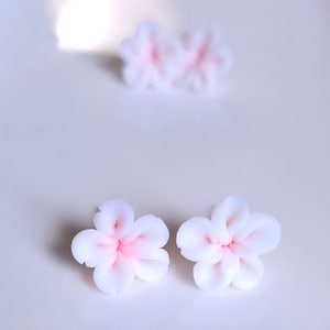 Tiny Cherry Blossom Stud Earrings, Pink & White Polymer Clay Floral Jewelry