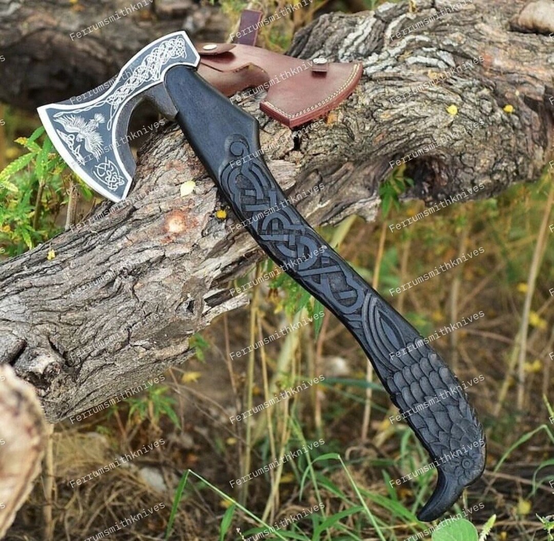 Exotic Raven Axe, Handmade Viking Axe, Raven Carved Axe, Raven Axe