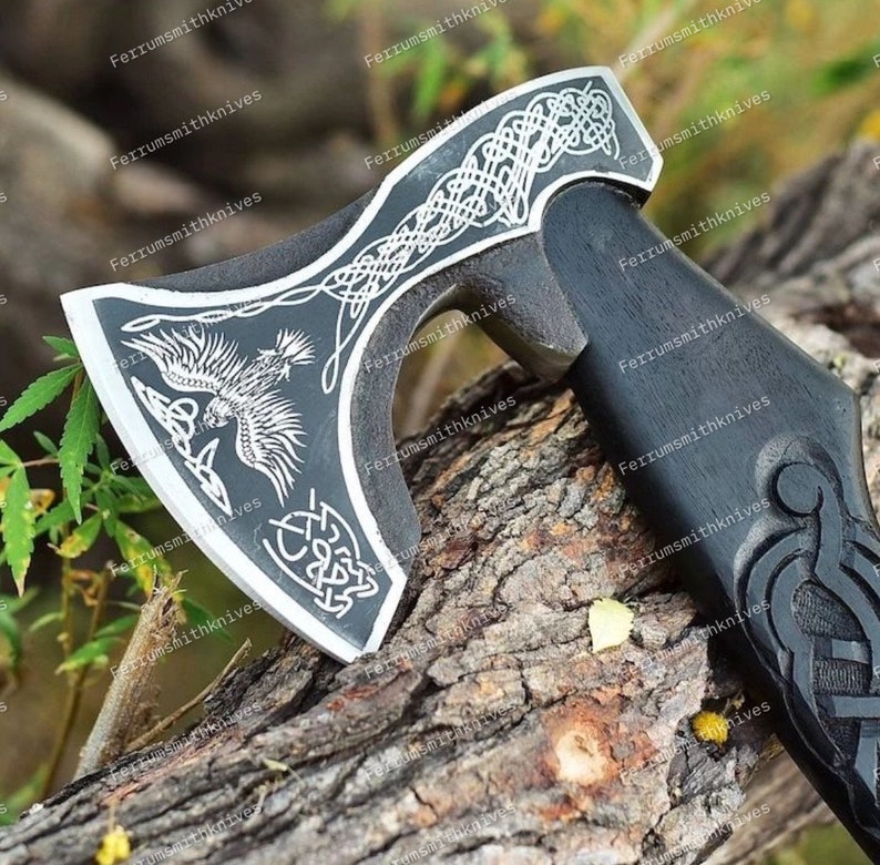 Exotic Raven Axe, Handmade Viking Axe, Raven Carved Axe, Raven Axe