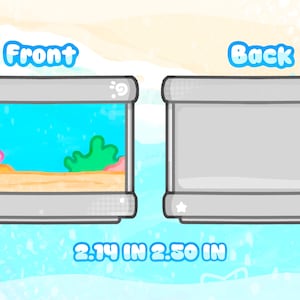 May include: Illustration of a cartoon aquarium with a front and back view. The front view shows a blue background with coral and plants. The back view is a solid gray. The dimensions are 2.14 inches by 2.50 inches.