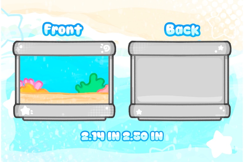 May include: Illustration of a cartoon aquarium with a front and back view. The front view shows a blue background with coral and plants. The back view is a solid gray. The dimensions are 2.14 inches by 2.50 inches.