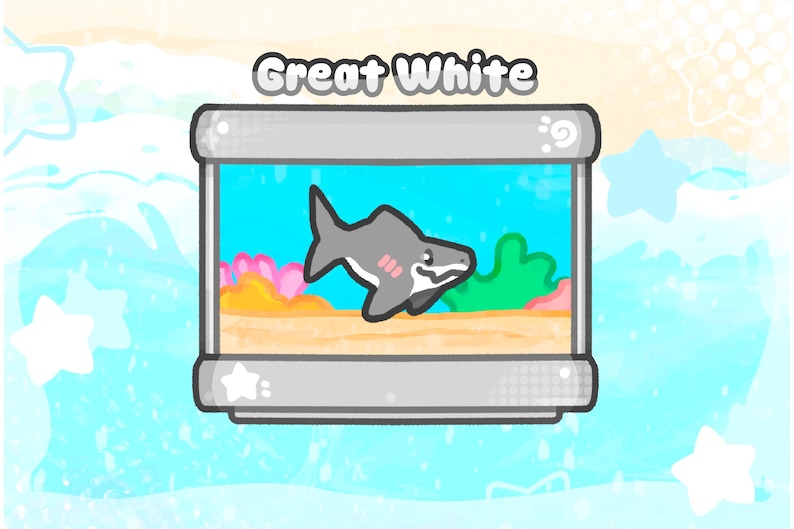 May include: A cartoon illustration of a great white shark in a rectangular aquarium. The shark is gray with a pink blush, swimming in blue water with coral and green plants. The text "Great White" is above the aquarium.