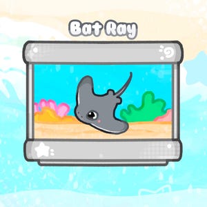 May include: A cartoon illustration of a gray bat ray in a rectangular aquarium. The aquarium has a blue background with coral and green plants. The text "Bat Ray" is above the aquarium.