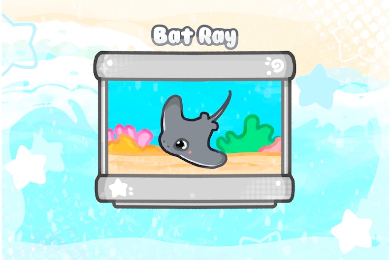 May include: A cartoon illustration of a gray bat ray in a rectangular aquarium. The aquarium has a blue background with coral and green plants. The text "Bat Ray" is above the aquarium.