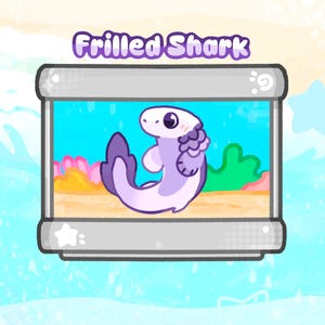 May include: A cartoon illustration of a frilled shark in a rectangular tank. The shark is light purple with a white belly and a frilled dorsal fin. The tank has a blue background with coral and seaweed.