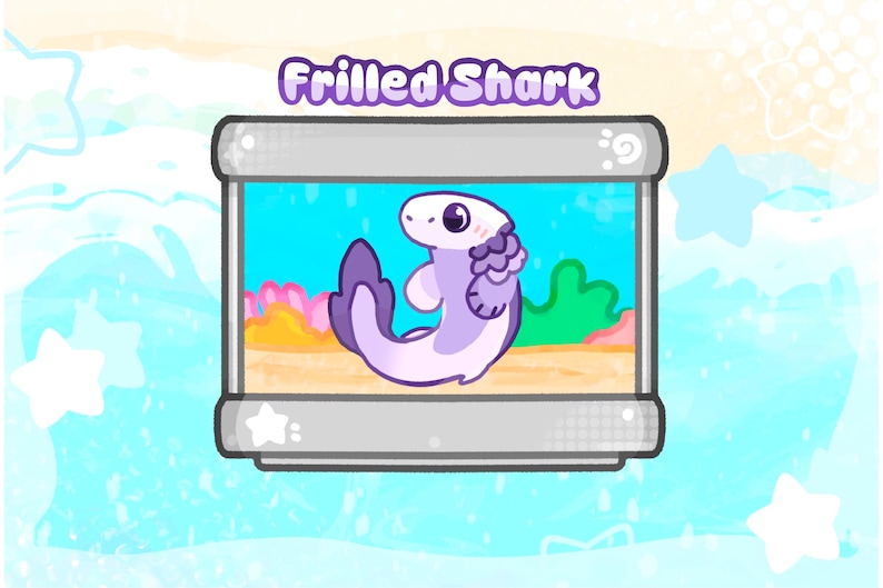May include: A cartoon illustration of a frilled shark in a rectangular tank. The shark is light purple with a white belly and a frilled dorsal fin. The tank has a blue background with coral and seaweed.