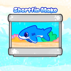 May include: A cartoon illustration of a blue Shortfin Mako shark in a rectangular aquarium. The shark has large eyes and a white belly. The aquarium is set against a blue and white background with the text "Shortfin Mako" above it.