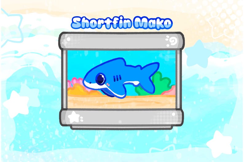 May include: A cartoon illustration of a blue Shortfin Mako shark in a rectangular aquarium. The shark has large eyes and a white belly. The aquarium is set against a blue and white background with the text "Shortfin Mako" above it.