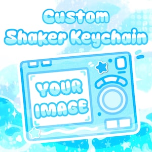 Könnte beinhalten: Ein hellblauer, individuell gestaltbarer Shaker-Schlüsselanhänger mit einer Grafik eines Grafiktabletts und dem Text "YOUR IMAGE" in der Mitte. Das Design enthält ein Sternsymbol, ein Einstellrad und den Text "Custom Shaker Keychain" oben.