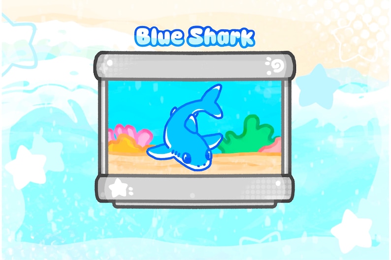May include: A cartoon illustration of a blue shark in a rectangular aquarium. The aquarium has a light blue background with the words "Blue Shark" above it. The shark is swimming in blue water with coral and plants.