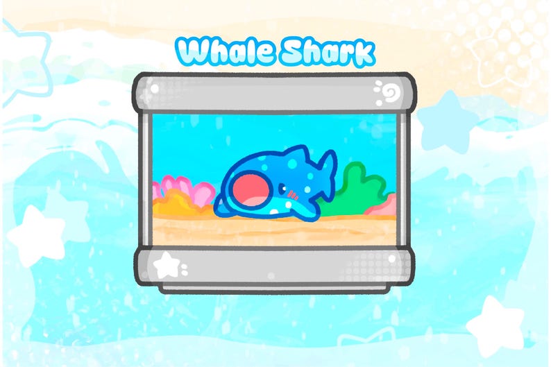 May include: A cartoon illustration of a whale shark in a rectangular aquarium. The whale shark is blue with white spots and a pink mouth. The aquarium has a blue background with coral and green plants. The text "Whale Shark" is above the aquarium.