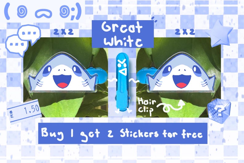 Może przedstawiać: Niebiesko-biała spinka do włos&oacute;w w kształcie rekina z napisem "Great White". Obraz zawiera r&oacute;wnież tekst "Buy 1 get 2 Stickers for free."