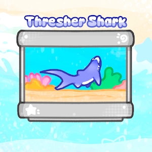 May include: A cartoon illustration of a Thresher Shark in a rectangular aquarium. The shark is light purple with a white belly, swimming in blue water. The aquarium has a sandy bottom with pink and green plants. The text "Thresher Shark" is above the aquarium.