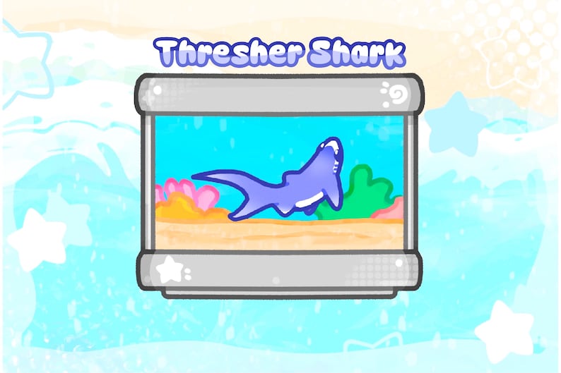 May include: A cartoon illustration of a Thresher Shark in a rectangular aquarium. The shark is light purple with a white belly, swimming in blue water. The aquarium has a sandy bottom with pink and green plants. The text "Thresher Shark" is above the aquarium.