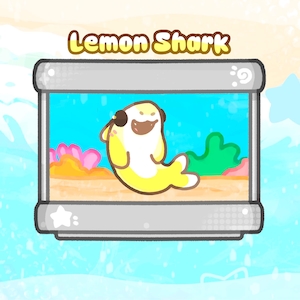 May include: A cartoon illustration of a yellow shark with brown accents inside a rectangular aquarium. The aquarium has a blue background with coral and green plants. The text "Lemon Shark" is above the aquarium.
