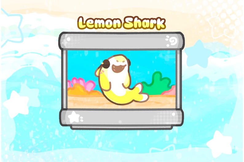 May include: A cartoon illustration of a yellow shark with brown accents inside a rectangular aquarium. The aquarium has a blue background with coral and green plants. The text "Lemon Shark" is above the aquarium.