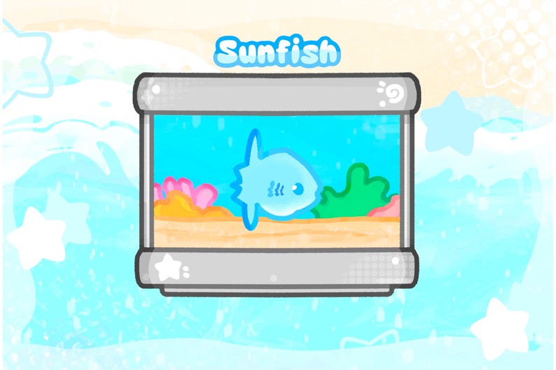 May include: A cartoon illustration of a sunfish in an aquarium. The aquarium is rectangular with a silver frame. The sunfish is light blue, and the aquarium has a blue background with coral and plants.