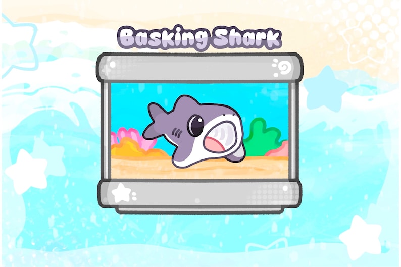 May include: A cartoon illustration of a basking shark in a rectangular tank. The shark is gray with a white belly and an open mouth. The tank has a blue background with coral and green plants. The text "Basking Shark" is above the tank.