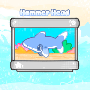 May include: A cartoon illustration of a Hammerhead shark in a rectangular aquarium. The shark is light blue with white accents. The aquarium has a blue background with coral and plants. The text "Hammer Head" is above the aquarium.