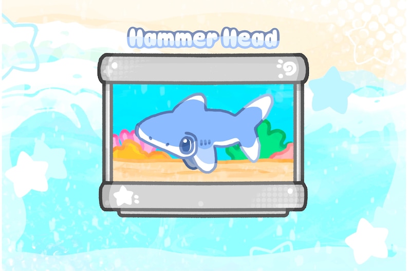 May include: A cartoon illustration of a Hammerhead shark in a rectangular aquarium. The shark is light blue with white accents. The aquarium has a blue background with coral and plants. The text "Hammer Head" is above the aquarium.